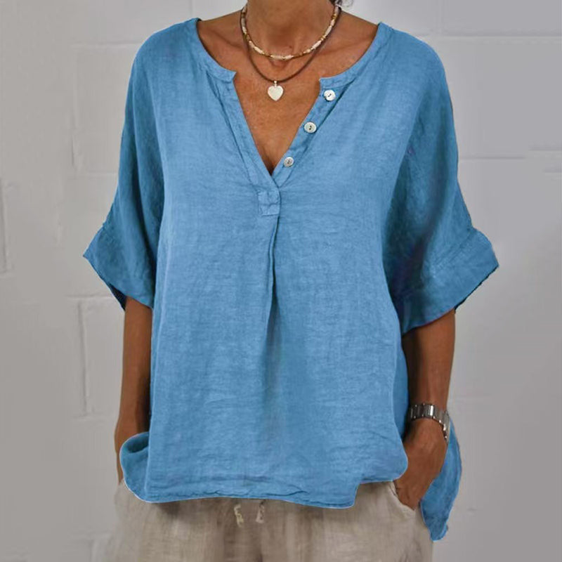 Comstylish Women's Solid Color Button Linen V-neck Shirt