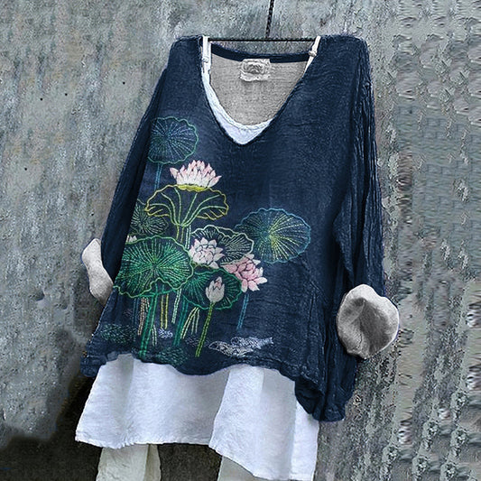 Comstylish Women's Lotus Embroidery Art Linen V-neck Shirt