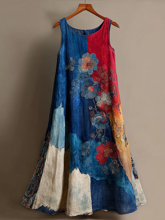 Vintage Flowers Embroidered Colorblock Linen Midi Dress artswardrobe