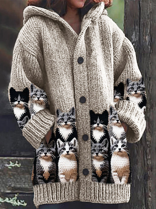 Crowded Cats Crochet Art Cozy Knit Hooded Cardigan elevenforest