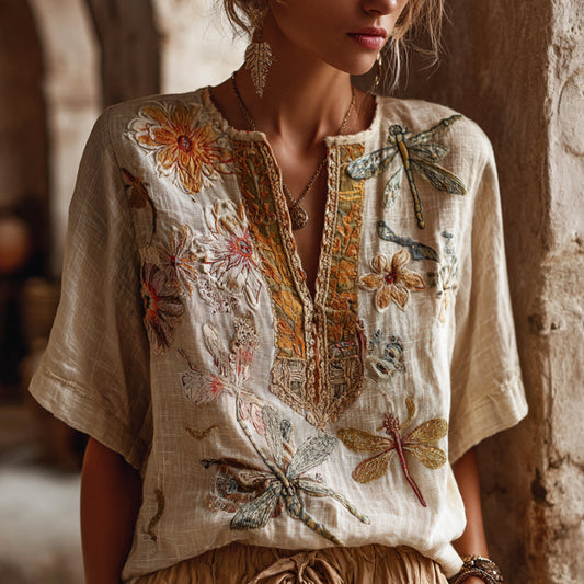 Bohemian Style Knitted Dragonfly Loose Short-sleeved V-neck Top artswardrobe