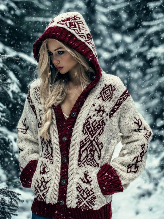 Viking Inspired Celtic Jacquard Chunky Hooded Cardigan elevenforest