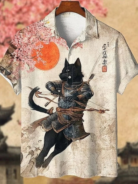 Men's Black Cat Tribal Warrior Japanese Kyudo Print Short Sleeve Shirt elevenforest