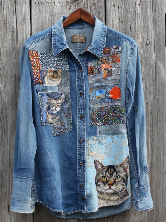 Comstylish Boho Vintage Cat Head Art Women's Long Sleeve Denim Shirt