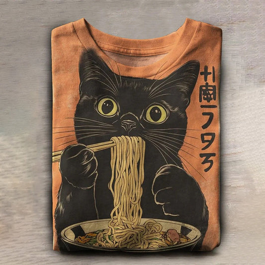 Comstylish Retro Cute Black Cat Eating Ramen Art Print T-shirt