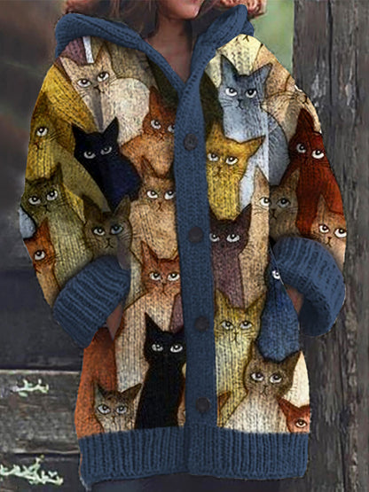 Colorful Cats Pattern Cozy Hooded Cardigan artswardrobe