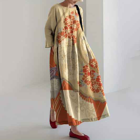 Comstylish Women Japanese Art Blossom Printed Casual Midi Dress