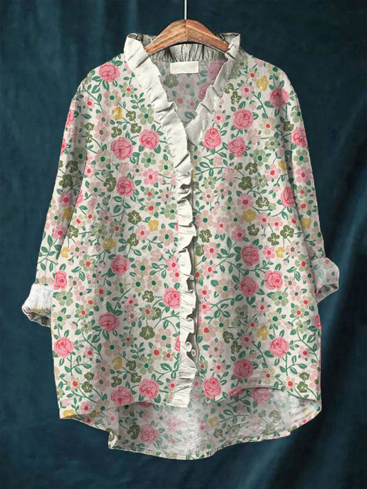 Boho Rose Print Ruffled Linen Shirt artswardrobe