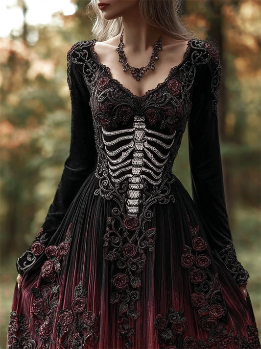 Comstylish Vintage Skeleton Roses Celtic Gradient Velvet Maxi Dress
