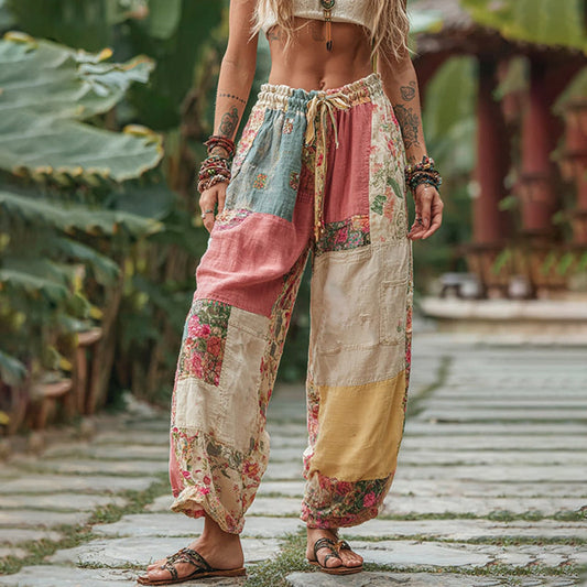 Vintage Retro Rose And Floral Patchwork Art Linen Pants artswardrobe