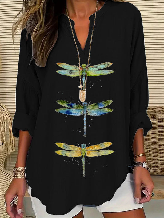 Comstylish Women's Dragonfly Print Casual Shirt