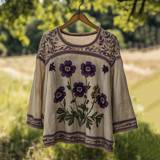 Women's Vintage Floral Embroidery Round Neck Linen Blend T-shirt artswardrobe