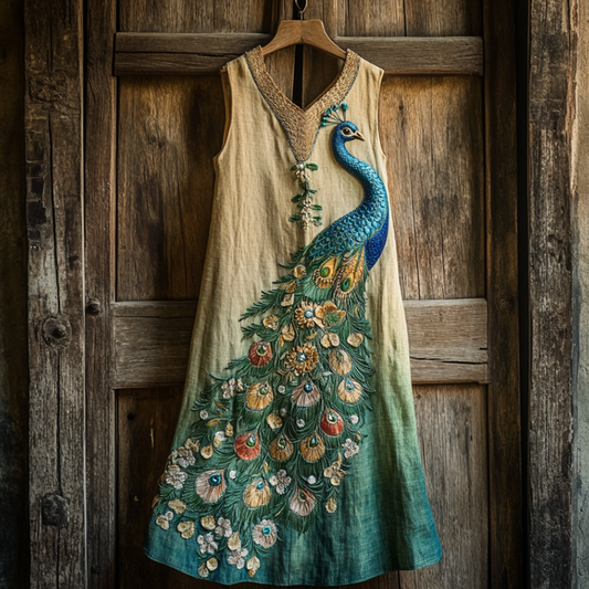 Comstylish Vintage Peacock And Floral Embroidery In Gradient Pattern Sleeveless Midi Dress