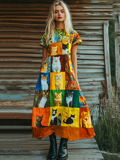 Comstylish Pop Art Cute Cat Patchwork Design Cotton Linen Dress