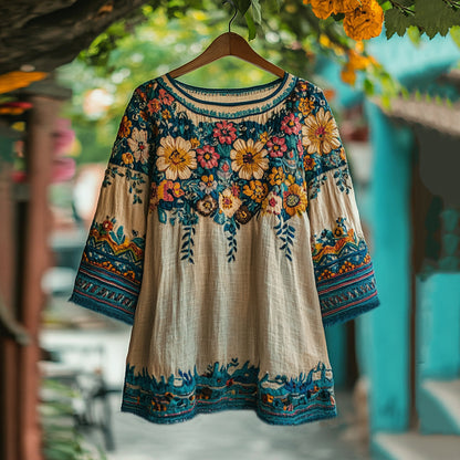 Women's Bohemian Vacation Floral Round Neck T-shirt artswardrobe