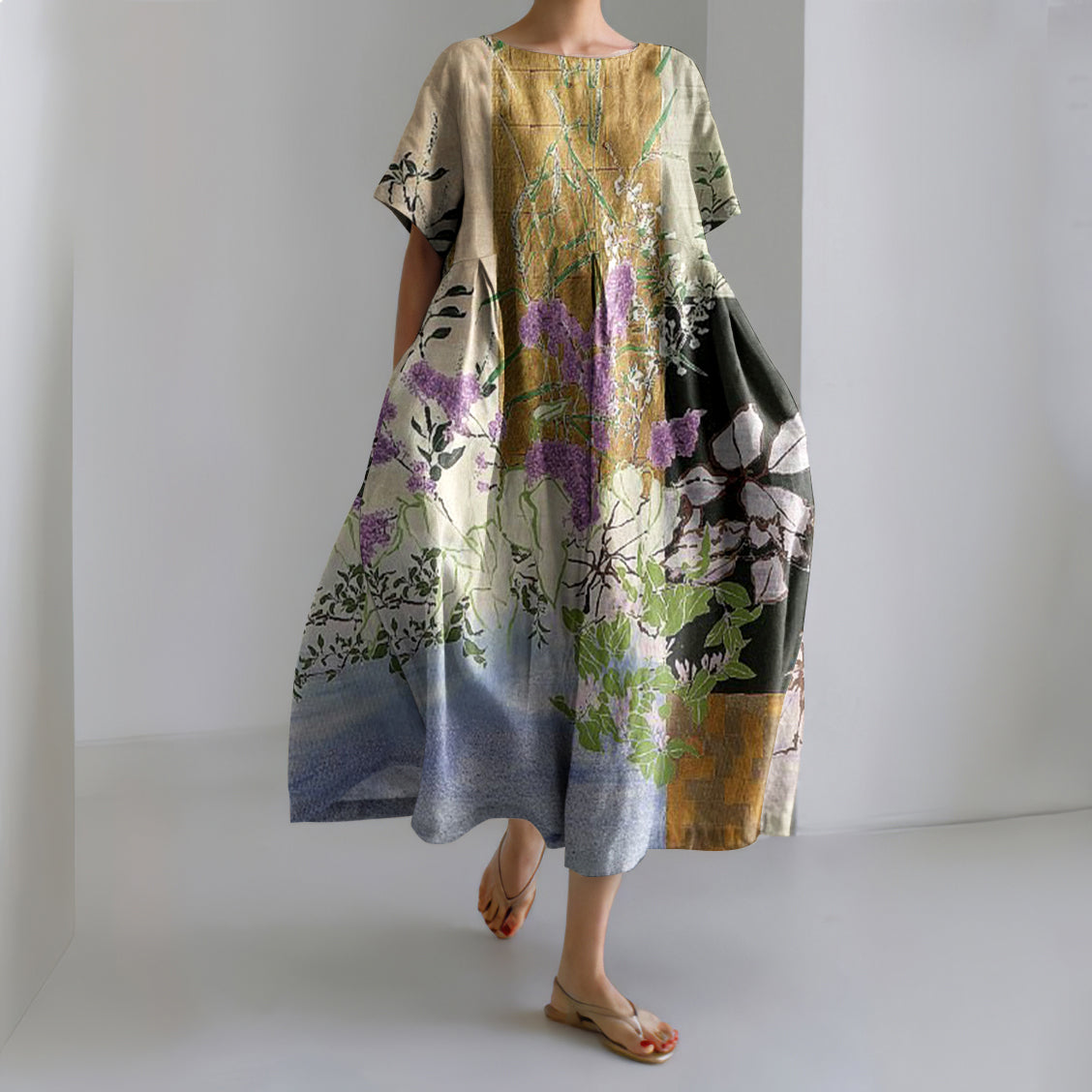 Comstylish Japanese Color Block Floral Art Printed Crew Neck Casual Midi Dress