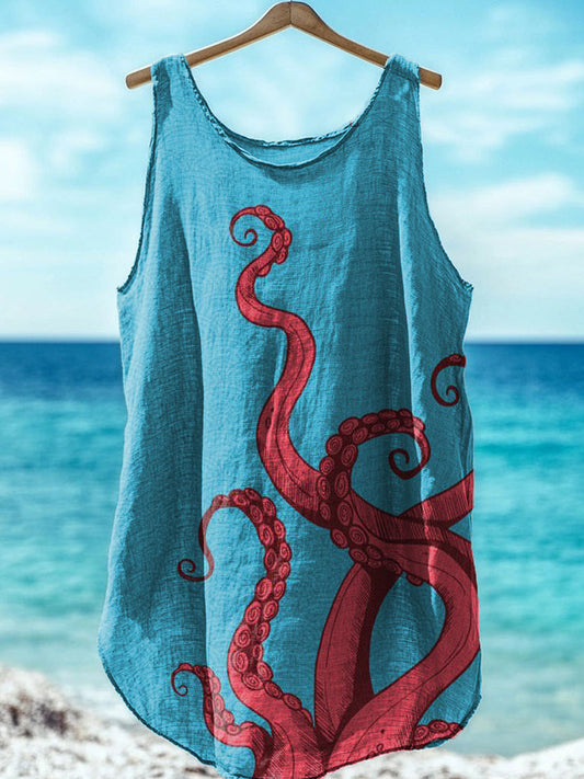Octopus Art Print Linen Blend Tank Top artswardrobe