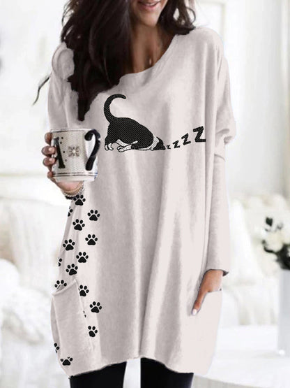 Comstylish Cute Sleeping Cat Embroidered Comfy Tunic