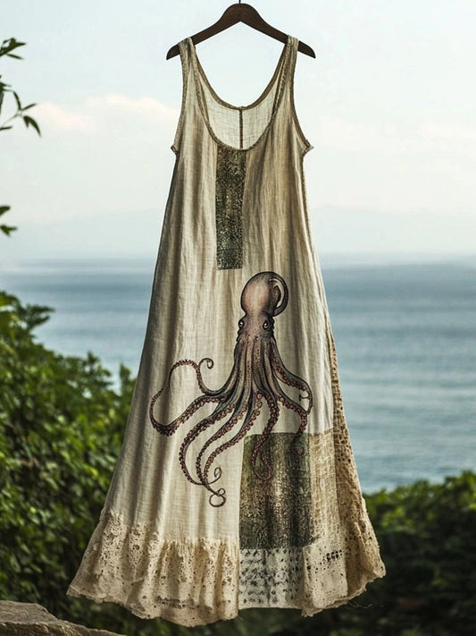 Vintage Octopus Print Lace Patchwork Linen Blend Dress artswardrobe