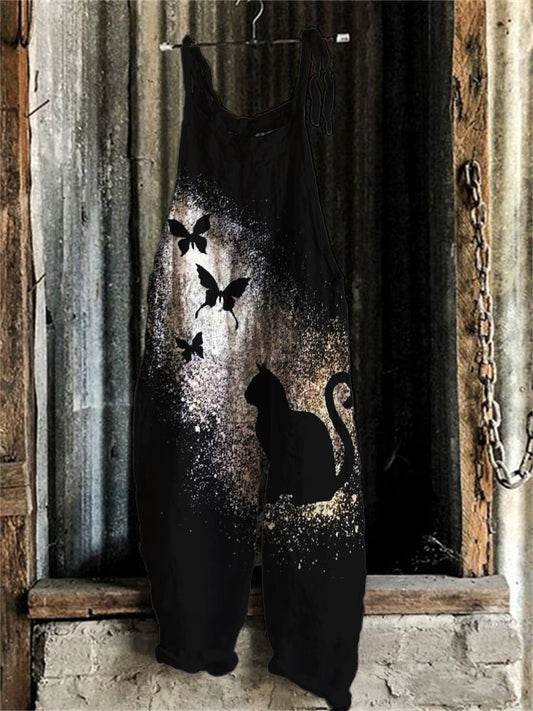 Cat & Butterfly Silhouette Bleached Loose Fit Jumpsuit elevenforest