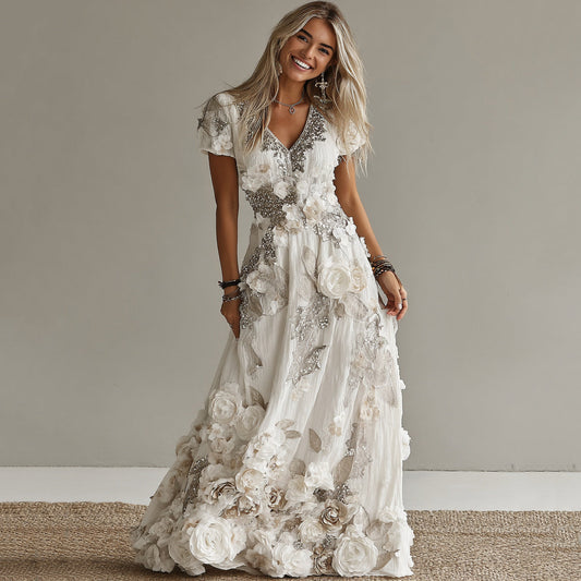 Women's Vintage White Rose Embroidered Art Pattern V-neck Short Sleeve Midi Dress elevenforest