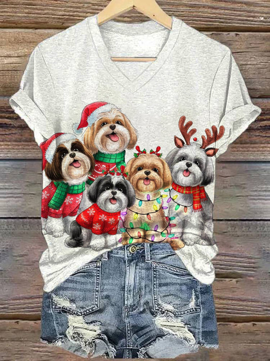 Comstylish Christmas Shih Tzu Dog Print T-Shirt