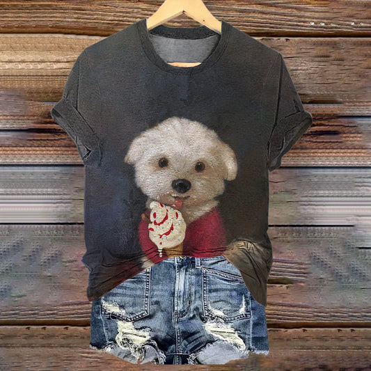 Comstylish Vintage Cute Dog Painting Art Short Sleeve T-shirt