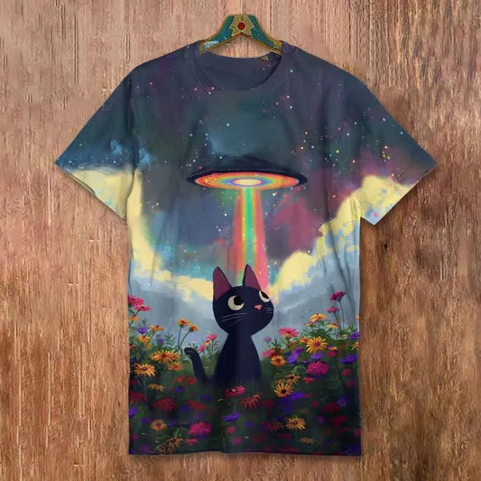 Sunflower Cat & Mysterious Spaceship Art Print Short-sleeved Men's Casual T-shirt elevenforest
