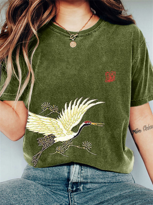 Comstylish Flying Crane & Pine Trees Japanese Art Vintage T Shirt