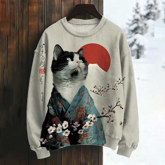 Men's Japanese Kimono Cat Mount Fuji Red Sun Art Print Casual Sweatshirt elevenforest