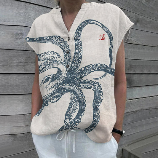 Comstylish Vintage Octopus Art Painting V-Neck Half-Button Linen Shirt