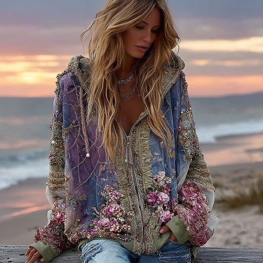 Comstylish Women's Bohemian Geometric Floral Gradient Zip-up Hoodie