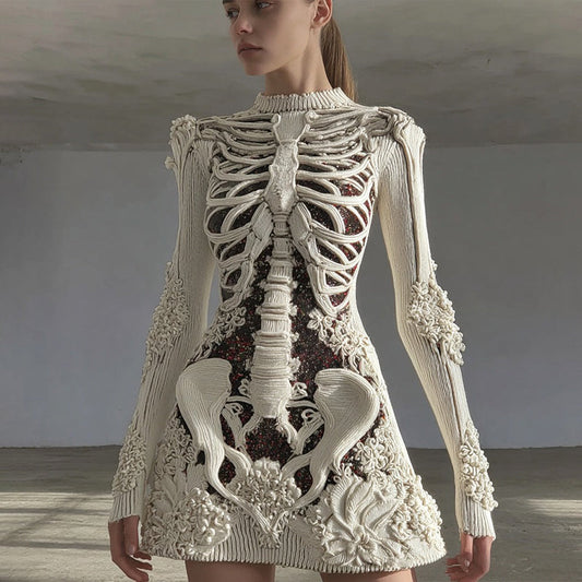 Comstylish Women's Vintage Halloween Skull Art Knitted Warm Sweater Dress