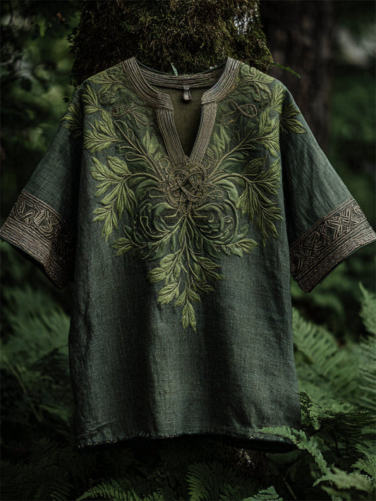 Vintage Celtic Knot Fern Embroidered Linen Shirt artswardrobe