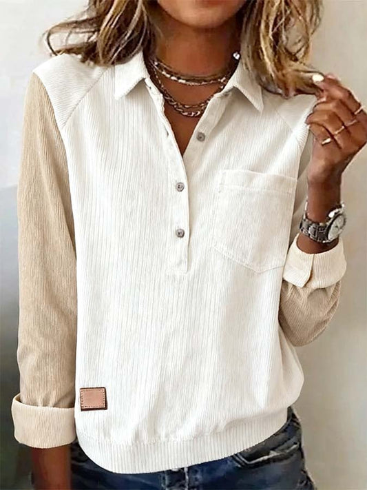 Women'S Casual Loose Corduroy Splicing Long Sleeve Top 