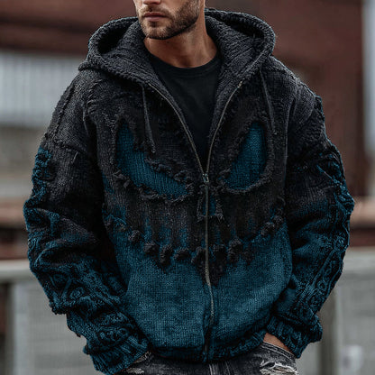 Men's Halloween Spooky Face Gradient Inspired Knitted Distressed Zipper Up Hooded Sweater artswardrobe