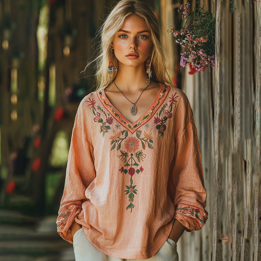 Comstylish Vintage Bohemian Floral Embroidery Art Cozy Linen Shirt