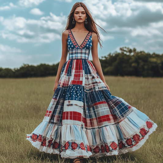 Women's Vintage Independence Day Flag Check Floral Patch Dress artswardrobe