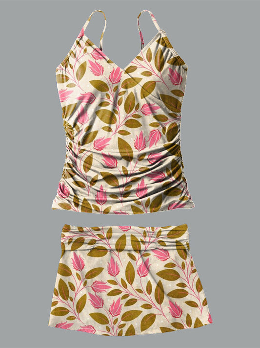 Retro Flower V-Neck Vintage Flowers Print Suspender Skirt Tankini Pantskirt Set Swimsuit