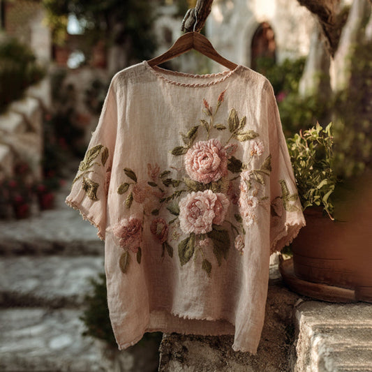 Vintage Pink Floral Art Pattern Linen Short Sleeved T-shirt artswardrobe