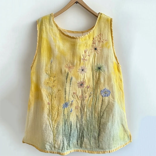 Vintage Floral Embroidered Sleeveless Comfy Shirt artswardrobe