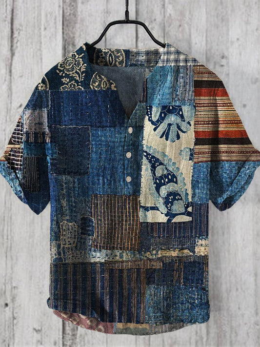 Vintage Patchwork Fabric Art Men's Linen V-neck Shirt artswardrobe