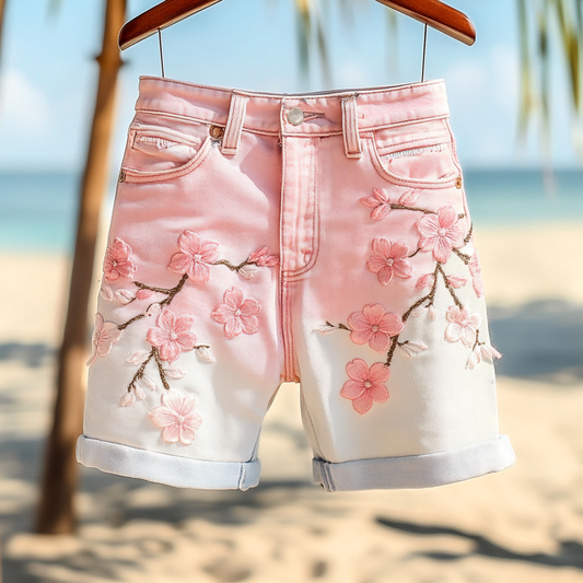 Comstylish Women's Vintage Cherry Blossom Art Casual Gradient Denim Shorts