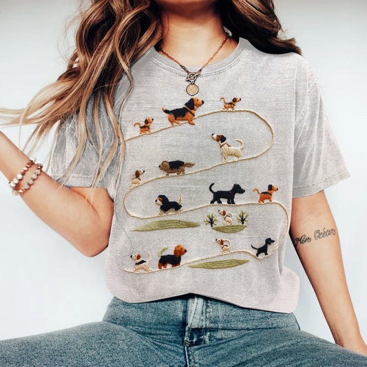 Comstylish Embroidered Dog Art Print Short Sleeve T-Shirt