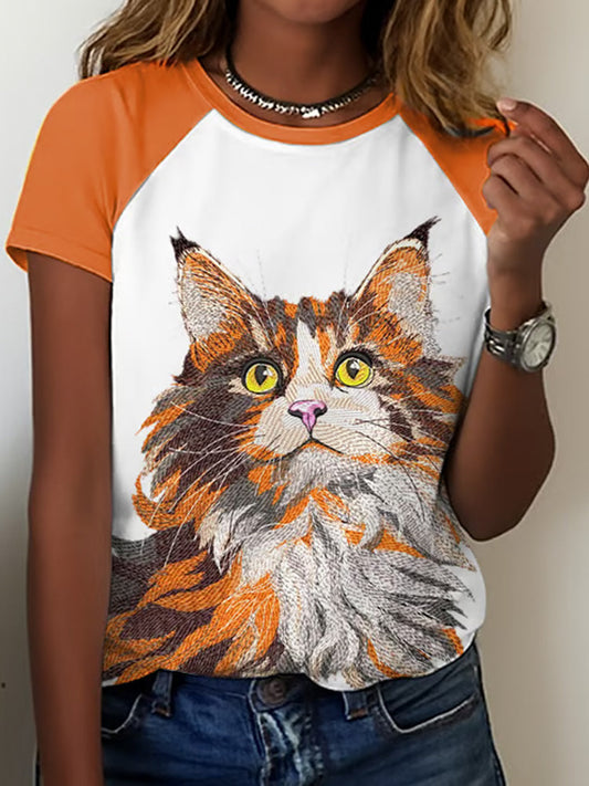 Women's Animal Cute Cat Graphic Print Raglan Comfortable T-shirt elevenforest