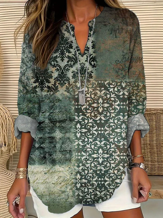 Comstylish Vintage Floral Patchwork Art Women's Linen V-Neck Shirt