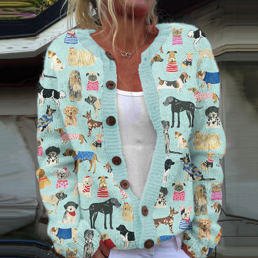 Comstylish Cute Dog Print Long Sleeve Casual Knitted Cardigan