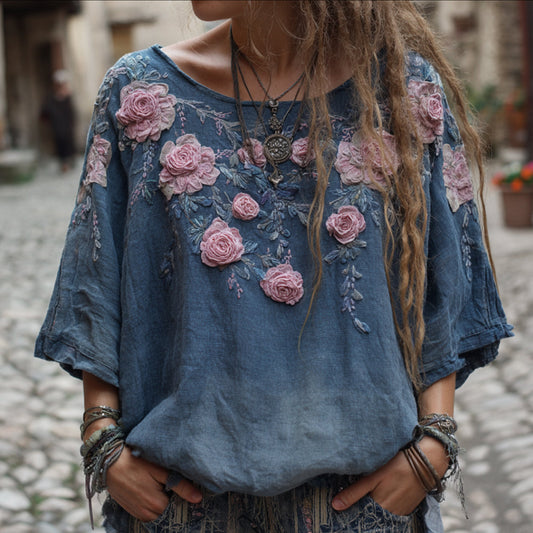 Women's Vintage Floral Blue Tie-dye Top artswardrobe