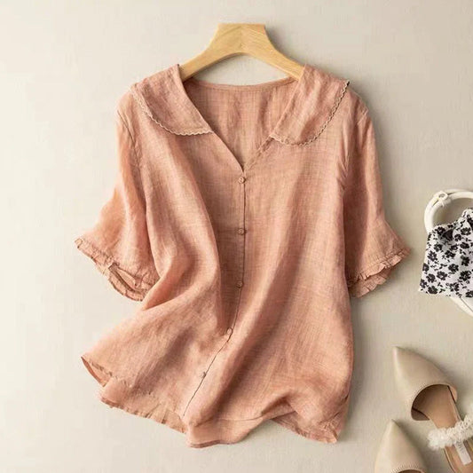 Comstylish Women's Casual Lapel Linen Solid Shirt