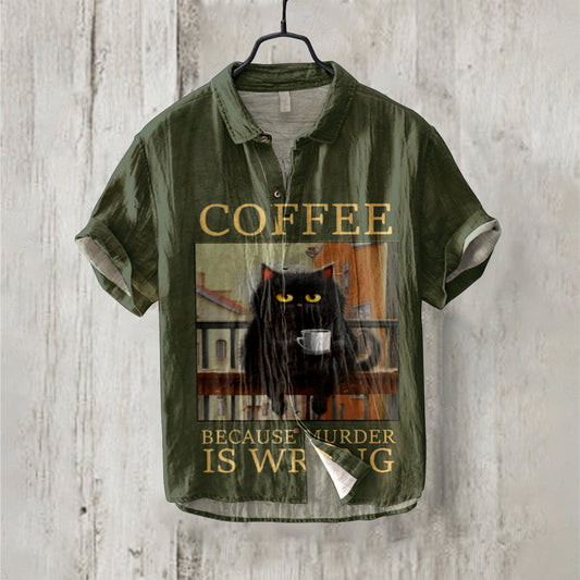 Vintage Cute Black Cat Coffee Letter Print Linen Blend Shirt elevenforest